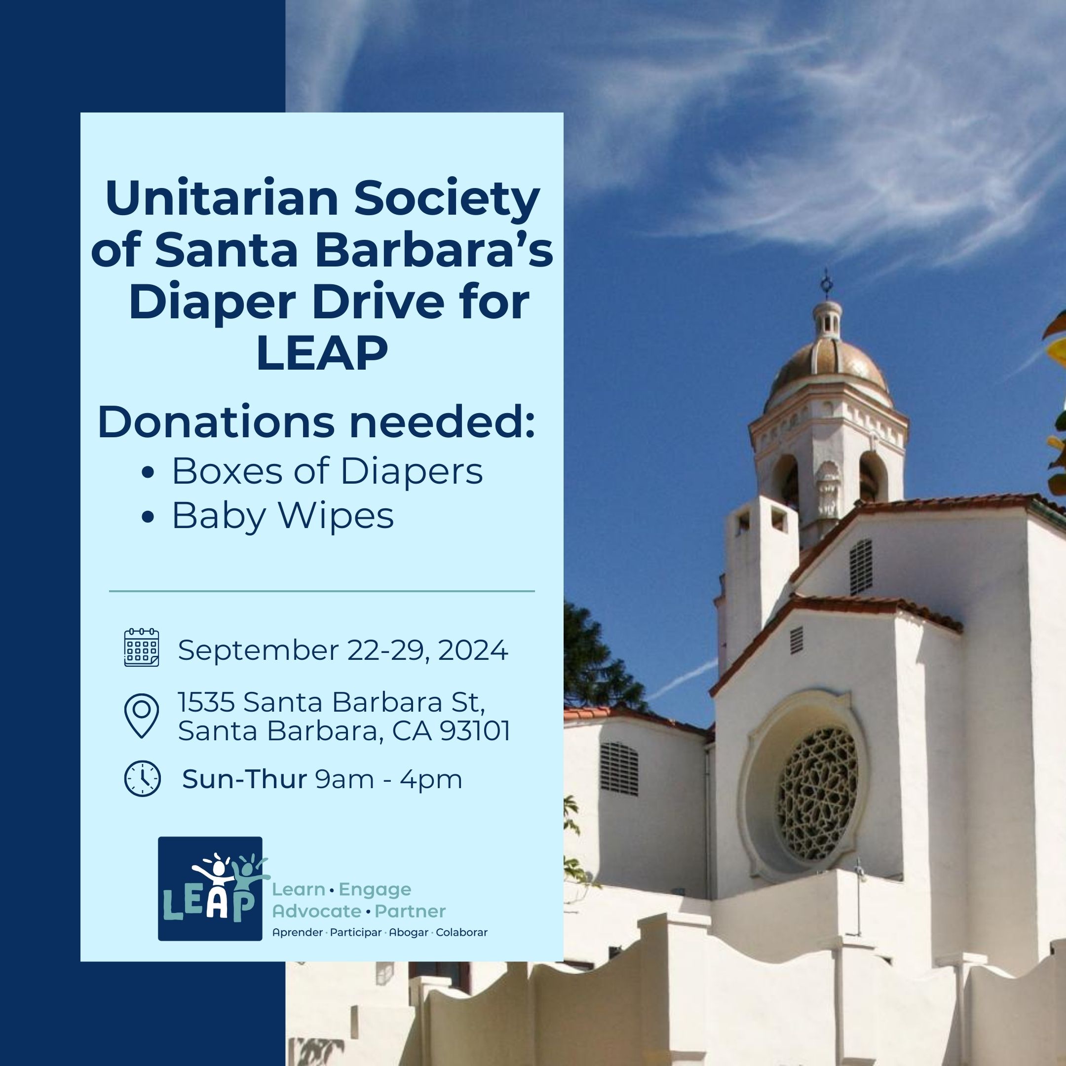 Unitarian Society of Santa Barbara’s Diaper Drive for LEAP September 22-29, 2024